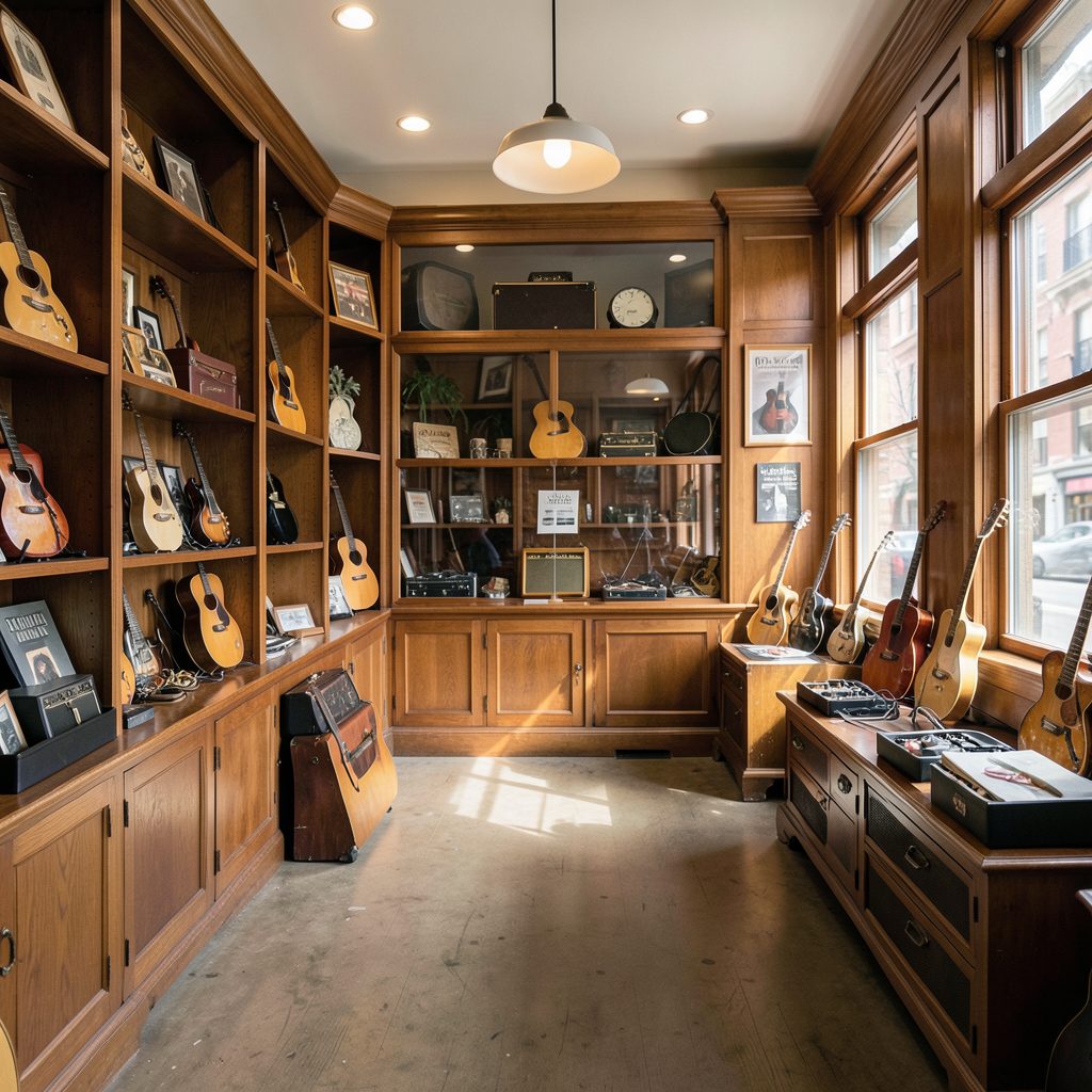 Warm interior of a classic downtown music store with wooden shelving and instruments on display, bathed in soft natural light.