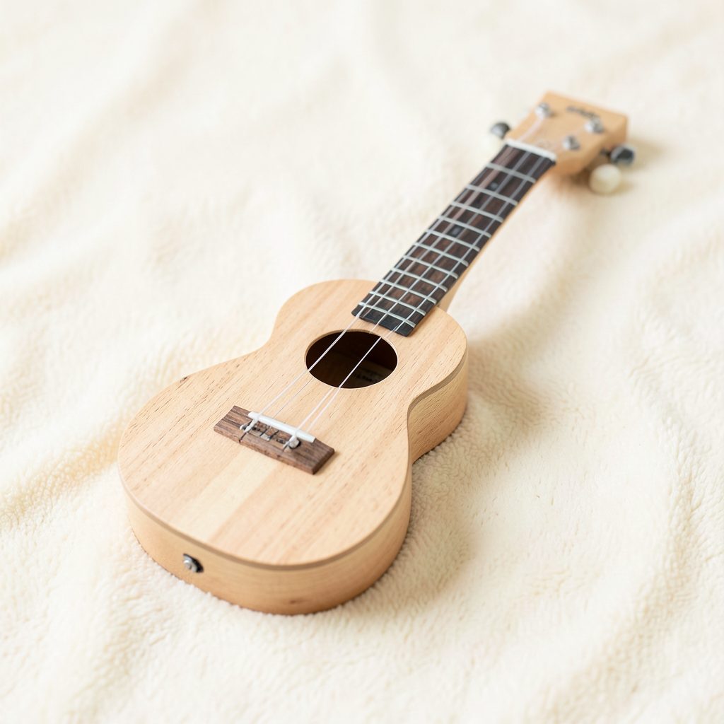Small soprano ukulele with light wood finish resting on a soft cream-colored surface, bright and cheerful.