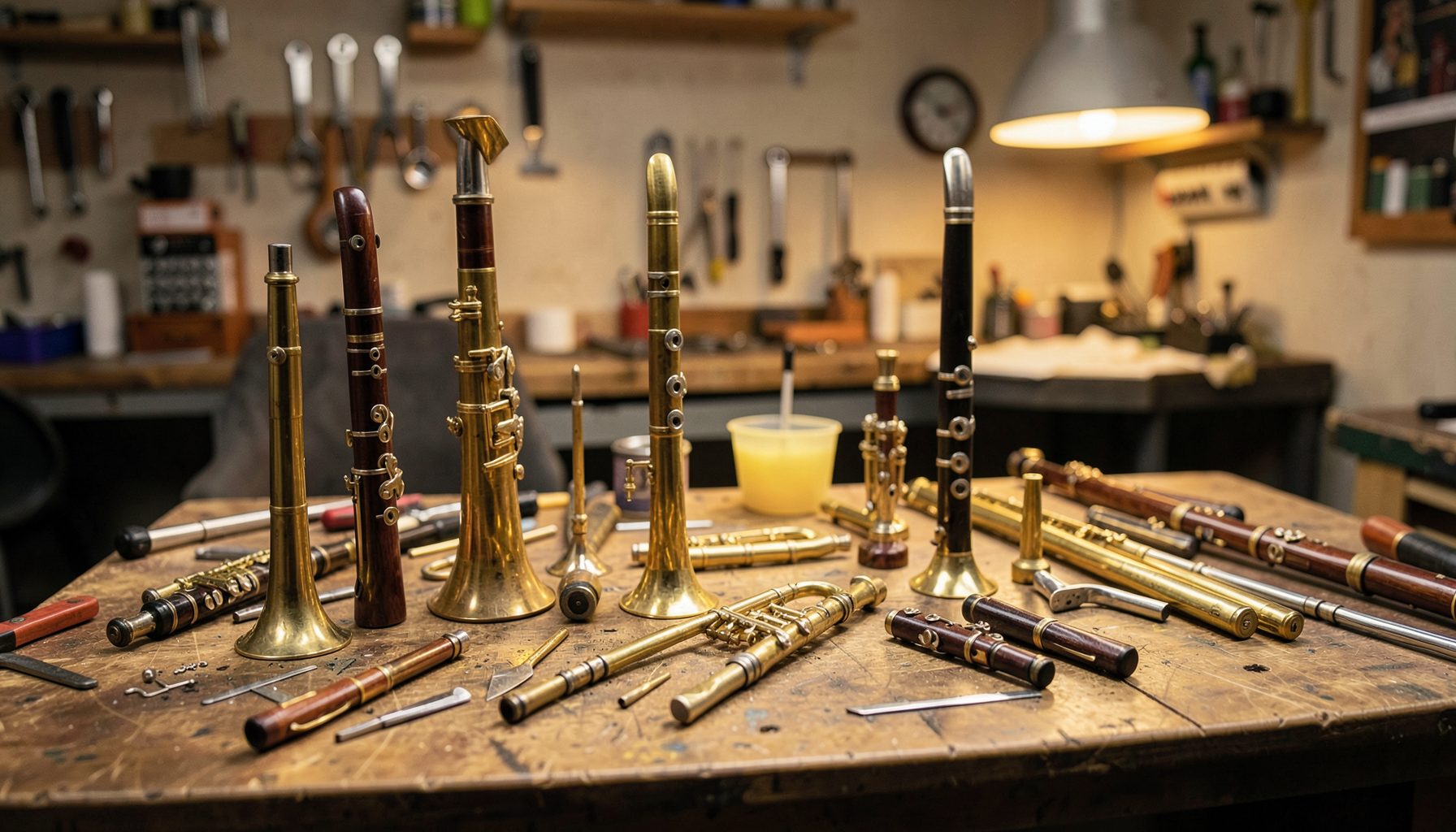 Brass and woodwind instruments arranged on a workbench with repair tools, warm workshop lighting.