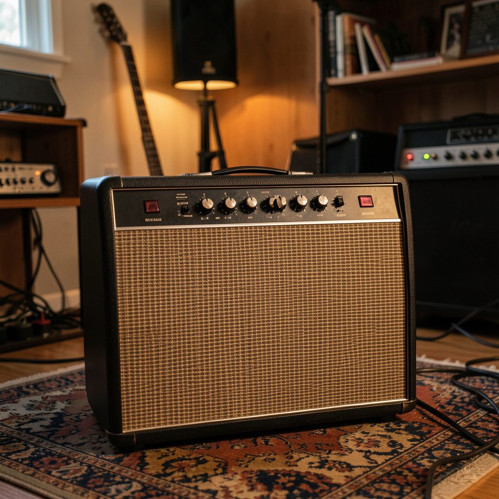 Guitar amplifier with a classic grille cloth front, warm amber glow, sitting in a cozy practice room.