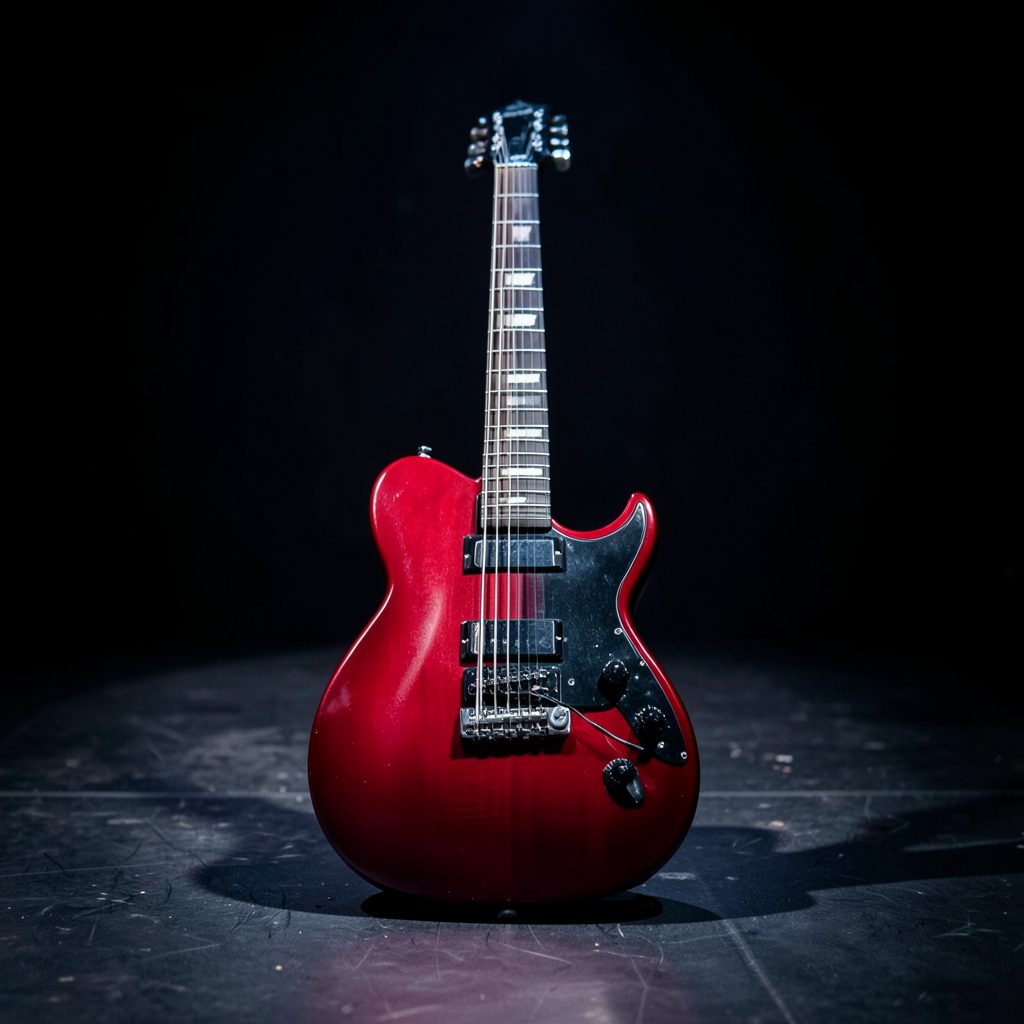 Electric guitar with a sleek body, deep red finish, resting on a dark stage floor under moody lighting.
