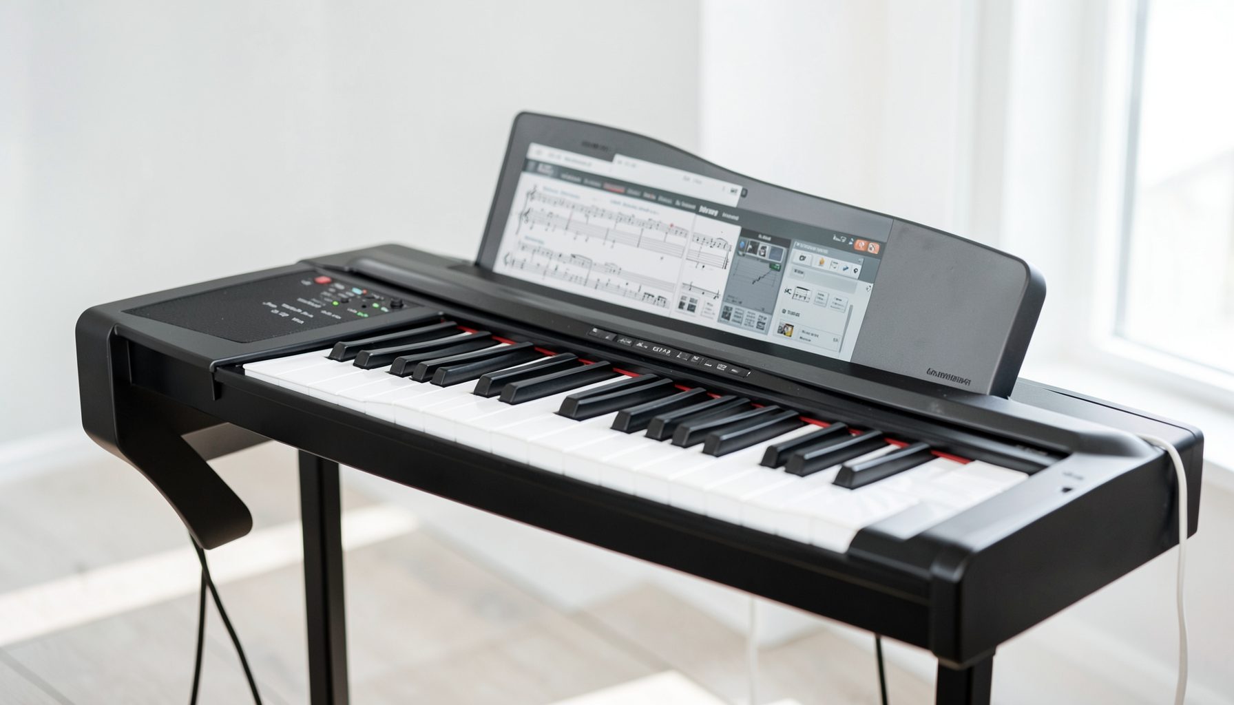 Digital piano keyboard on a stand in a bright room, clean modern look with sheet music visible.