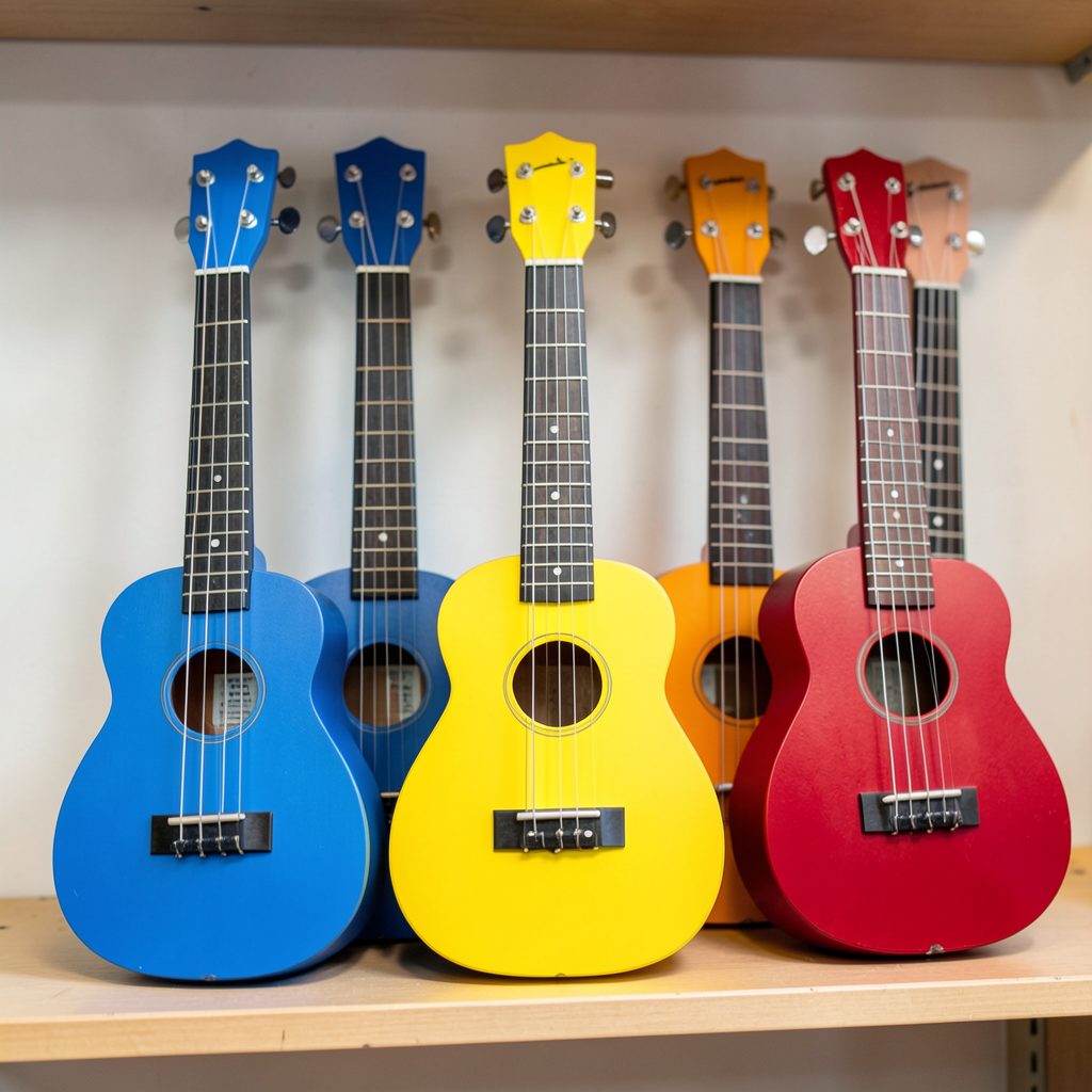 Colorful Makala ukuleles in blue, yellow, and red lined up on a shelf, playful and vibrant.