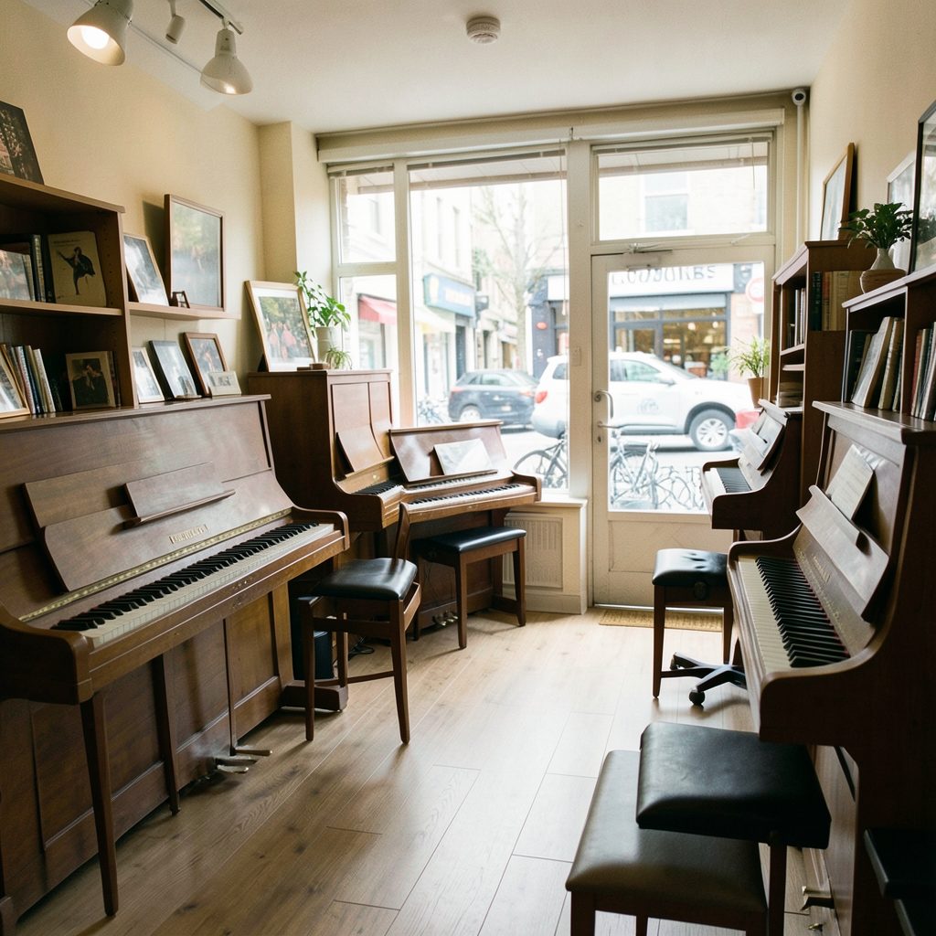 Warm interior of a small music store with pianos and keyboards arranged along the wall, soft natural light through storefront windows.