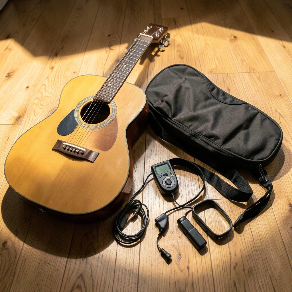 Guitar starter bundle laid out on a wooden floor: instrument, gig bag, tuner, strap, and accessories in warm natural light.