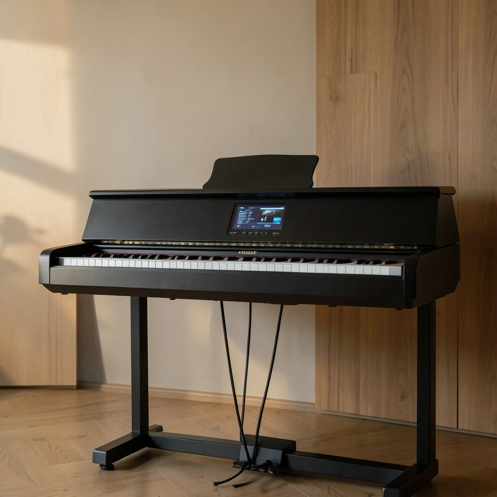 A sleek digital piano on a stand in a softly lit room, warm wood tones against a neutral wall.
