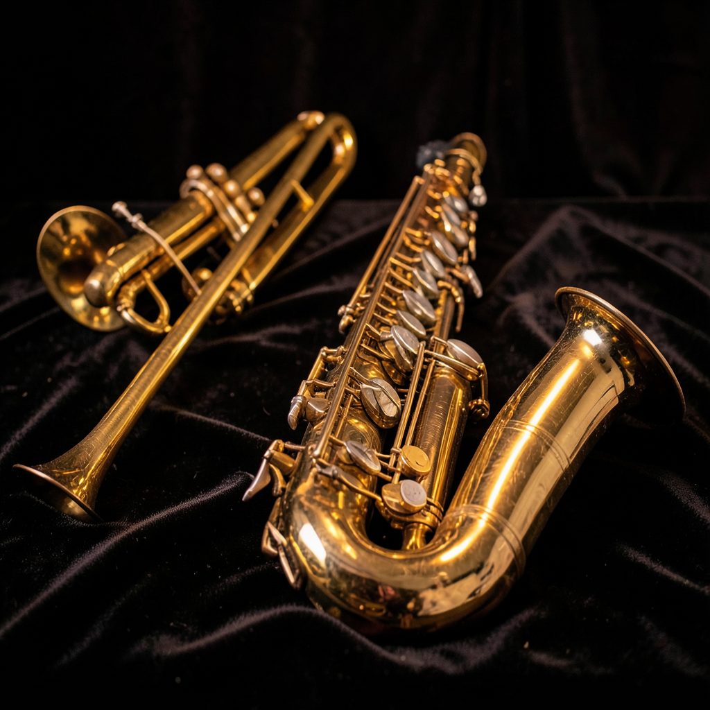A row of brass and woodwind instruments — trumpet, saxophone, clarinet — resting on dark velvet, softly lit with warm amber tones.