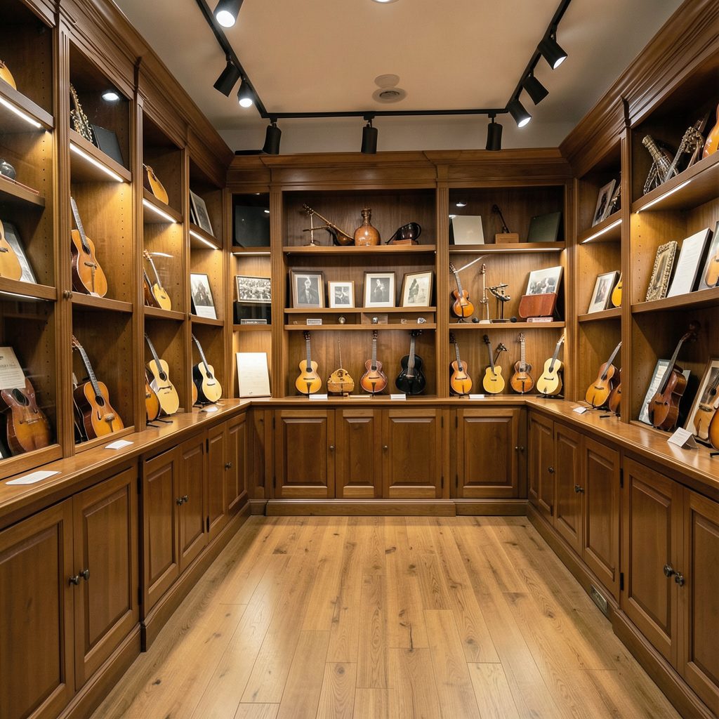 Warm interior of a classic music store with wooden shelving, instruments on display, and soft ambient lighting creating a welcoming atmosphere.