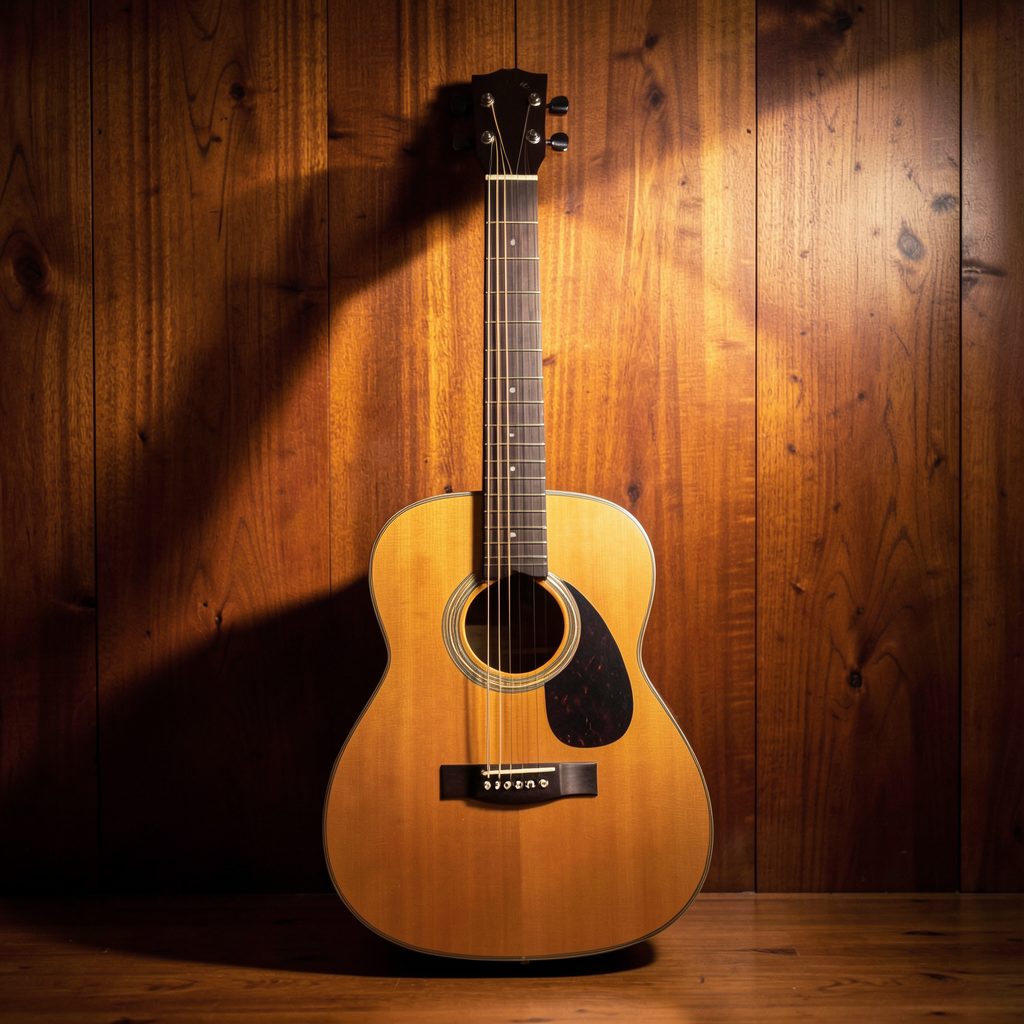 Acoustic guitar leaning against a warm-lit wooden wall, rich brown wood tones and soft shadows.
